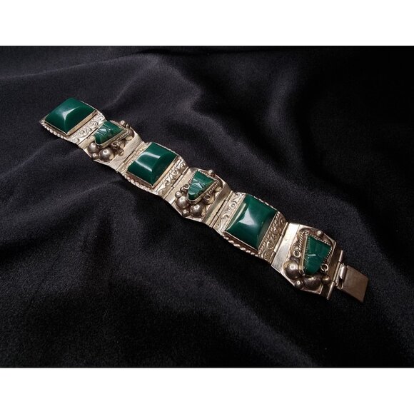 Vintage Taxco Signed Sterling Silver Bracelet With Green Onyx Stones 925 - Picture 1 of 5